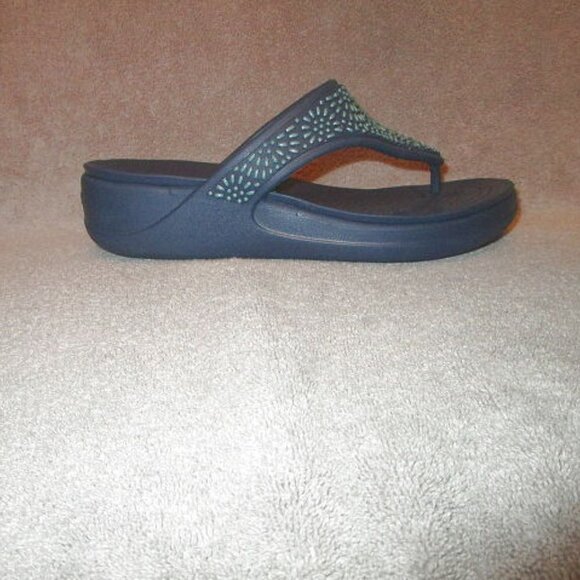 Crocs Monterey Diamante Sandals Size 10 Thong Platform Wedge Blue Flip Flops - Picture 2 of 11